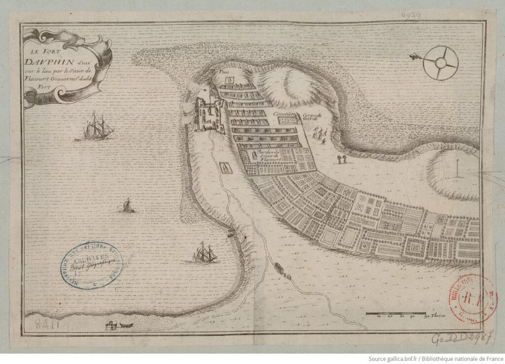 Plan du Fort-Dauphin dessiné par Etienne de Flacourt en 1650_1655, que récupère la Compagnie des Indes à Madagascar en 1665.